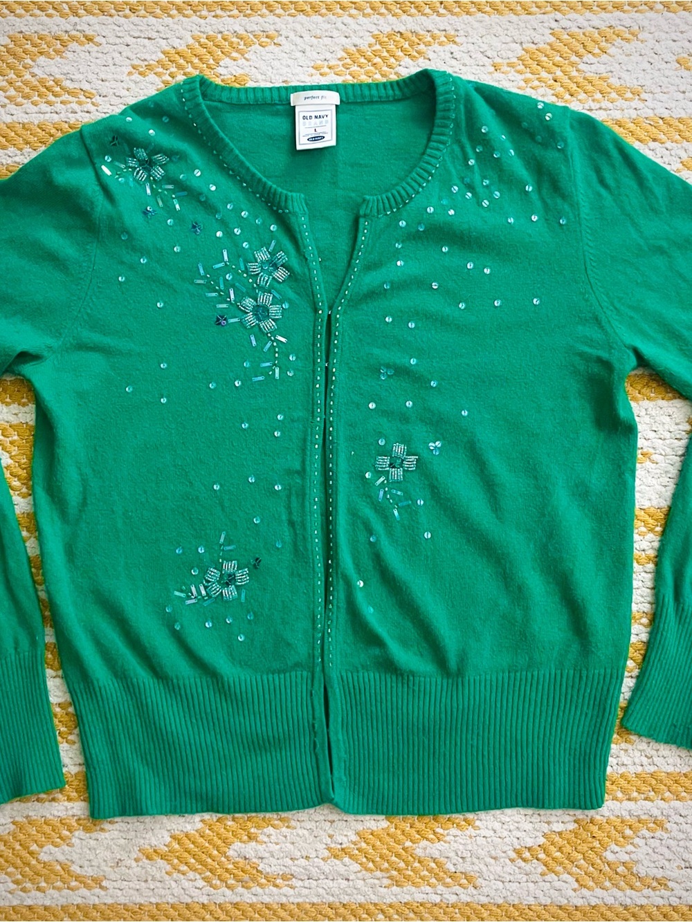 Vintage-Girly 50’s Style—Green, Beaded Cardigan W/ Eyelet-Hooks